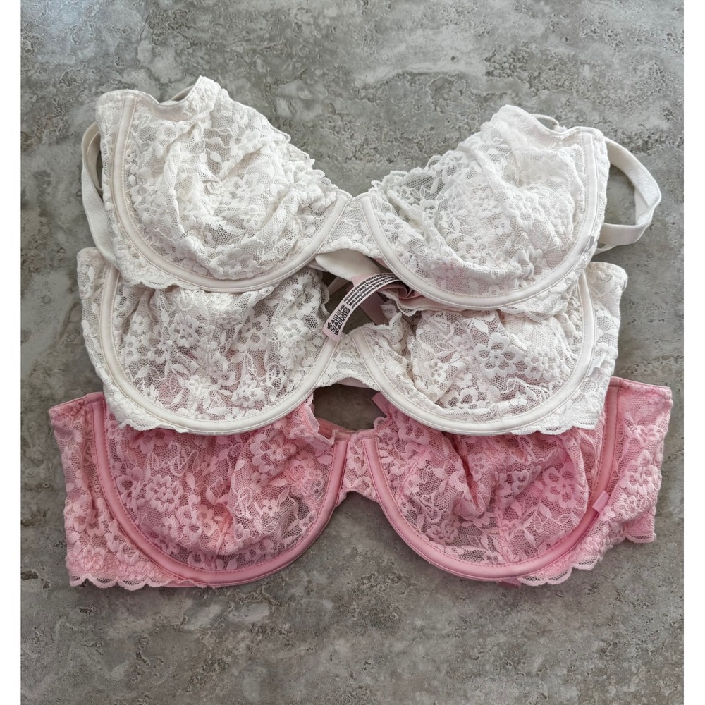 Victoria's Secret Unlined Demi Bra Bundle 40C Lace Underwire Pink Ivory 3 Pack